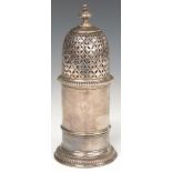 Victorian hallmarked silver sugar caster of Queen Anne design with pierced lid, London 1875, maker F