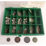 A collection of metal detector finds etc including coins, musket balls, buckles etc