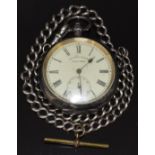 H E Peck of London silver open faced pocket watch with subsidiary seconds dial, black Roman