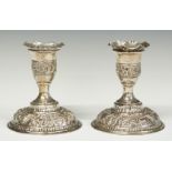 Pair of Victorian hallmarked silver squat candlesticks, London 1895, maker William Comyns & Sons,