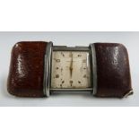 Movado vintage steel and leather travelling clock/ purse watch, 5 x 3.5cm when closed, 8 x 3.5cm