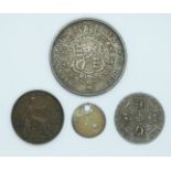 George III 1816 half crown, together with a 1787 sixpence, a worn Maundy coin holed for a watch