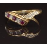 A 9ct gold ring set with square cut rubies and diamonds, size M, 2g