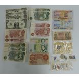 A collection of UK and overseas banknotes including ten shilling Fforde pair of consecutives, four