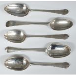 Five Georgian bottom hallmarked silver tablespoons, London 1767, 1766, 1727, 1779 and one other,