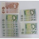 A collection of UK banknotes including nine consecutive Somerset £1 notes, a further Somerset