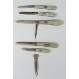 Five hallmarked silver bladed mother of pearl handled folding fruit knives, one with two tools,