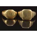 A 9ct gold signet ring, size R, 3g and a yellow metal signet ring, size M, 3g