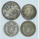 Three half crowns comprising two 1834 William IV and an 1837 Jubilee head (ex mount), together