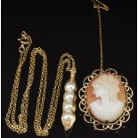A 9ct gold brooch set with a cameo and a 9ct gold chain, 7.3g