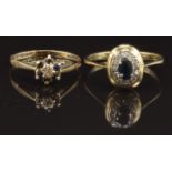 Two 9ct gold rings set with sapphires, sizes L & Q, 3.3g