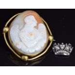 A yellow metal brooch set with a cameo (5 x 4.6cm) and a silver brooch in the form of a coronet