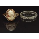 A 9ct gold eternity ring, size Q and a 9ct gold ring set with a cameo, size R, 5g