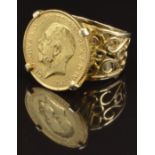 A 9ct gold ring set with a 1912 gold half sovereign, size N, 10.3g