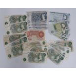 A collection of English circulated banknotes with a few near uncirculated crisp examples to