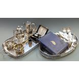 Two galleried silver plated trays, length of largest 56cm, loose and cased cutlery etc