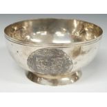German or similar white metal footed bowl with heraldic decorative panels, stamped 800, diameter