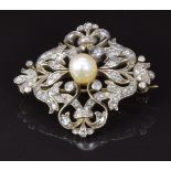 A 19thC continental brooch set with a natural pearl surrounded by rose cut diamonds, 3 x 2.8cm, 6.1g