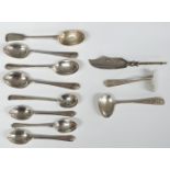 Hallmarked silver cutlery including two sets of three teaspoons, pusher and pap spoon marked