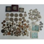 A quantity of UK and overseas coinage, includes approximately 100g of UK silver, George III onwards,