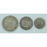 George II 1746 Maundy twopence, a George III 1763 Maundy threepence and a William IV 1835 colonies