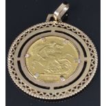 A 9ct gold pendant set with an 1899 gold full sovereign, 13g