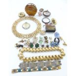 A collection of jewellery including JewelCraft earrings, vintage brooches, jet horseshoe brooch,
