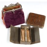 Small velvet evening bag, height 17cm, crocodile wallet and a Valet razor in box