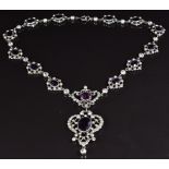 A continental silver necklace set with faux amethysts and paste, 46cm long