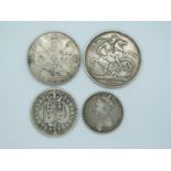 Four Victorian silver coins comprising 1890 Jubilee crown, 1889 double florin, 1889 florin and an