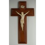 Ivory and wood carved Christ on the cross with INRI scroll above, H30.5cm