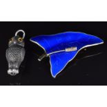 A white metal owl pencil by S. Mordan & Co and a Norwegian silver brooch set with blue enamel
