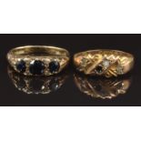 A 9ct gold ring set with sapphires and a 9ct gold ring, Birmingham 1901, 3.7g