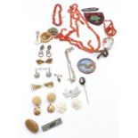 A collection of costume jewellery including coral necklace, Victorian cameo stick pin, micro