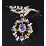 Edwardian 9ct gold brooch set with seed pearls and a 9ct gold pendant set with amethyst and seed