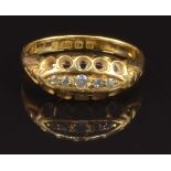 Edwardian 18ct gold ring set with diamonds in a boat shaped setting, Birmingham 1904, size O, 4.3g