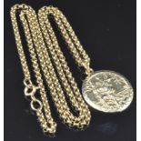 A 9ct gold St Christopher engraved verso 'be my guide' on a 9ct gold chain, 9.3g, length 55cm