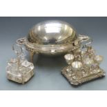 Silver plated food warmer with revolving lid, raised on gnurled feet, six place egg set and a four
