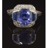 Art Deco platinum ring set with an Asscher cut natural untreated cornflower blue Sri Lankan sapphire