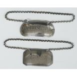 Two hallmarked silver bottle tickets or labels, one gin, Birmingham 1824, maker Joseph Willmore, the