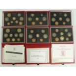 Royal Mint deluxe proof coin sets for 1985, 1986, 1988, 1989, 1991 and 1992