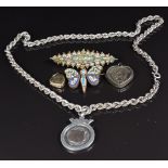A silver fob, silver locket, Birmingham 1895, silver rope twist necklace, two micro mosaic