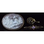 A 9ct gold brooch set with a cameo depicting a classical scene, a 9ct gold brooch set with sapphires