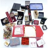 A collection of jewellery including earrings, bracelets, rings, two cloisonné bangles, lacquer