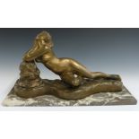 Large bronze or similar figure of a reclining nude, on marble base, H29 x L52cm