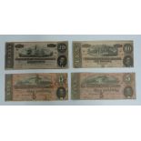American Civil War currency 1864 comprising 2 x five dollars, together with a ten dollar and a 20