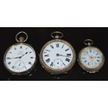 Three silver open faced pocket watches comprising J J Fitter of Solihull & Birmingham keyless