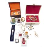 A collection of jewellery including brooches, silver coins, watches and silver including two fobs,