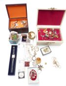 A collection of jewellery including brooches, silver coins, watches and silver including two fobs,
