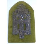 Russian or similar icon featuring Jesus on crucifix with enamelled decoration, H28cm